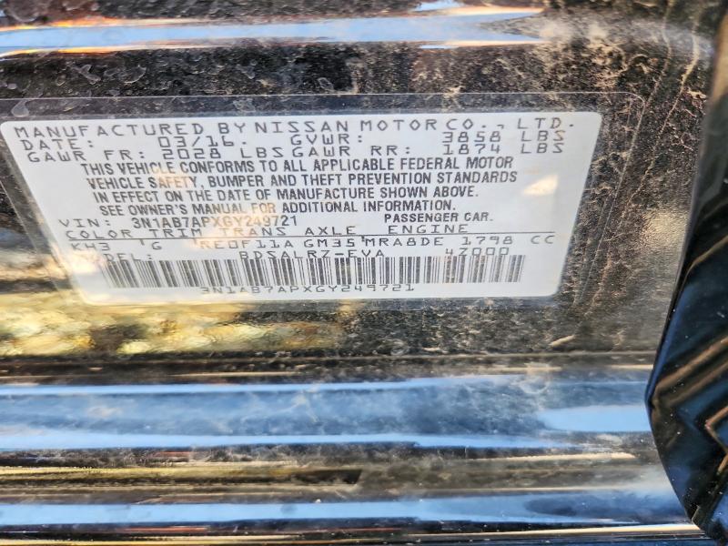 Auction sale of the 2016 Nissan Sentra, vin: 3N1AB7APXGY249721, lot number: 66998806