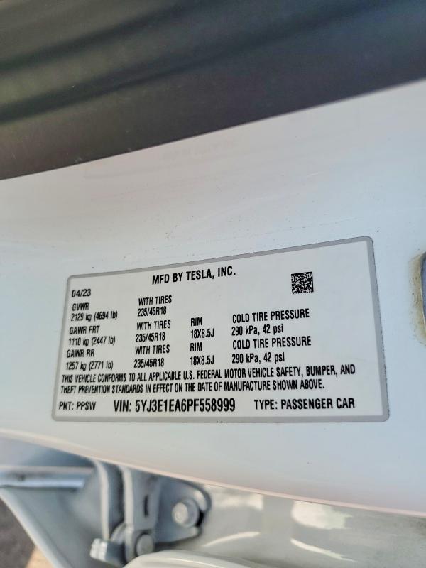 Продажа на аукционе авто 2023 Tesla Model 3, vin: 5YJ3E1EA6PF558999, номер лота: 66860946