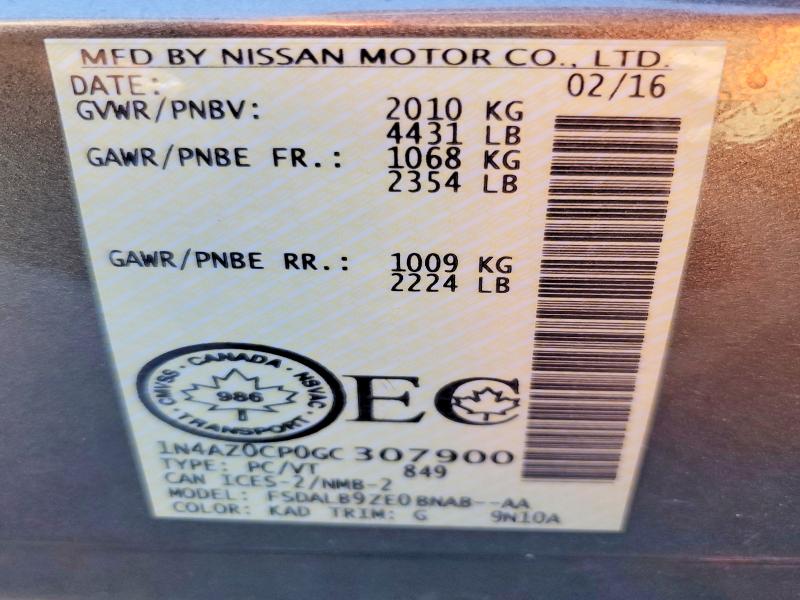 69885646 :رقم المزاد ، 1N4AZ0CP0GC307900 vin ، 2016 Nissan Leaf مزاد بيع