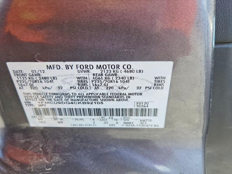 2012 Ford Escape მანქანა იყიდება აუქციონზე, vin: 1FMCU9DG4CKB92105, აუქციონის ნომერი: 67838676