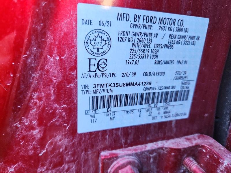67966546 :رقم المزاد ، 3FMTK3SU8MMA41239 vin ، 2021 Ford Mustang Mach-e مزاد بيع