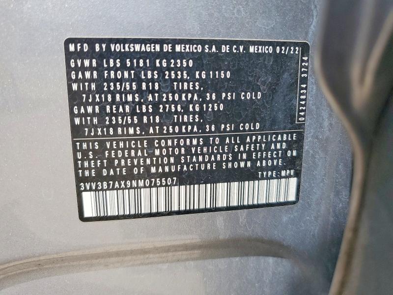 Продаж на аукціоні авто 2022 Volkswagen Tiguan, vin: 3VV3B7AX9NM075507, номер лоту: 67774796