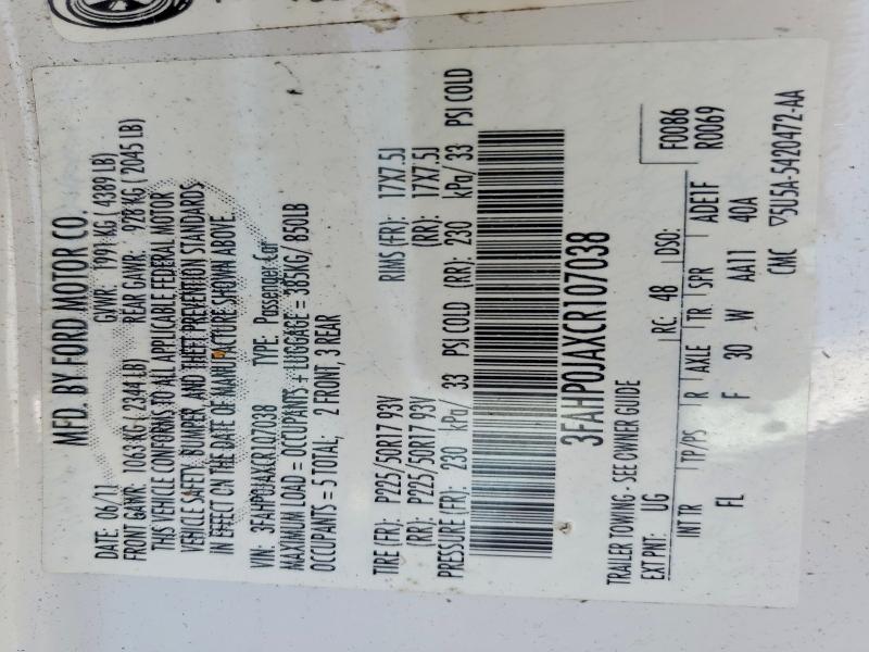 2012 Ford Fusion მანქანა იყიდება აუქციონზე, vin: 3FAHP0JAXCR107038, აუქციონის ნომერი: 68609276