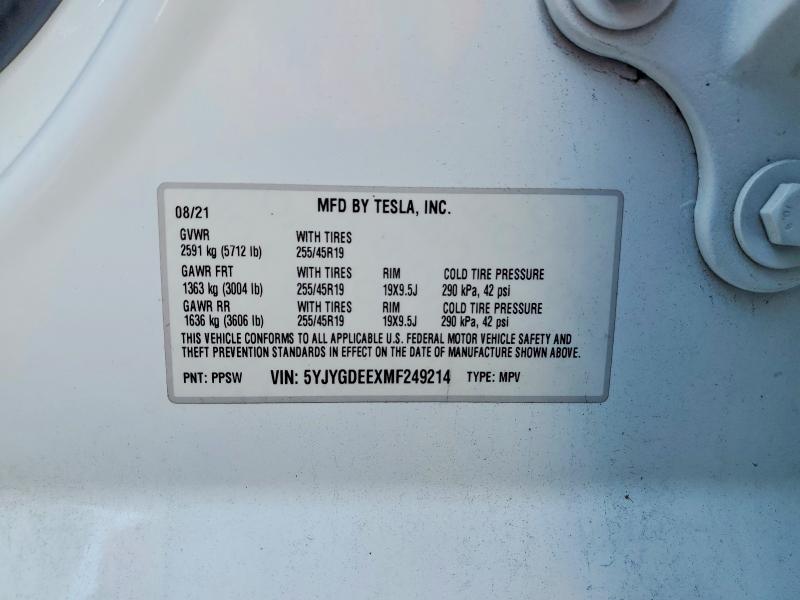 2021 Tesla Model Y მანქანა იყიდება აუქციონზე, vin: 5YJYGDEEXMF249214, აუქციონის ნომერი: 67488686