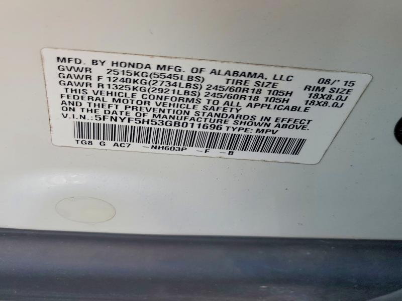 2016 Honda Pilot მანქანა იყიდება აუქციონზე, vin: 5FNYF5H53GB011696, აუქციონის ნომერი: 69651736