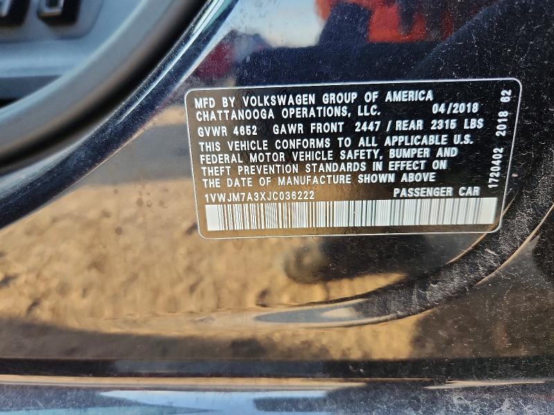 2018 Volkswagen Passat მანქანა იყიდება აუქციონზე, vin: 1VWJM7A3XJC036222, აუქციონის ნომერი: 68082046