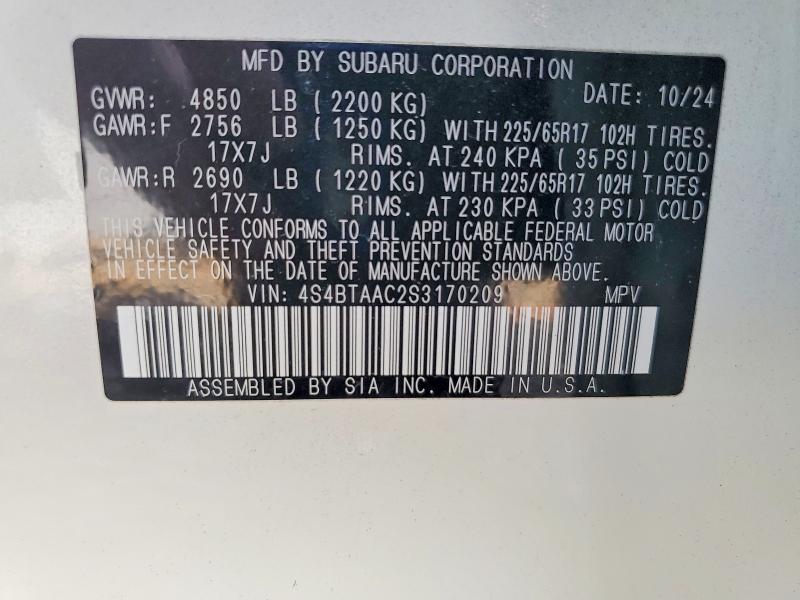 Aukcja sprzedaży 2025 Subaru Outback, vin: 4S4BTAAC2S3170209, numer aukcji: 61791146