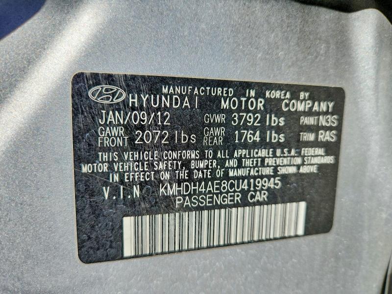 2012 Hyundai Elantra მანქანა იყიდება აუქციონზე, vin: KMHDH4AE8CU419945, აუქციონის ნომერი: 70512626