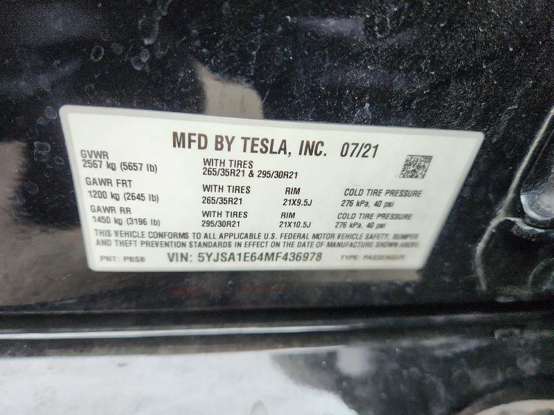 Aukcja sprzedaży 2021 Tesla Model S, vin: 5YJSA1E64MF436978, numer aukcji: 70365876