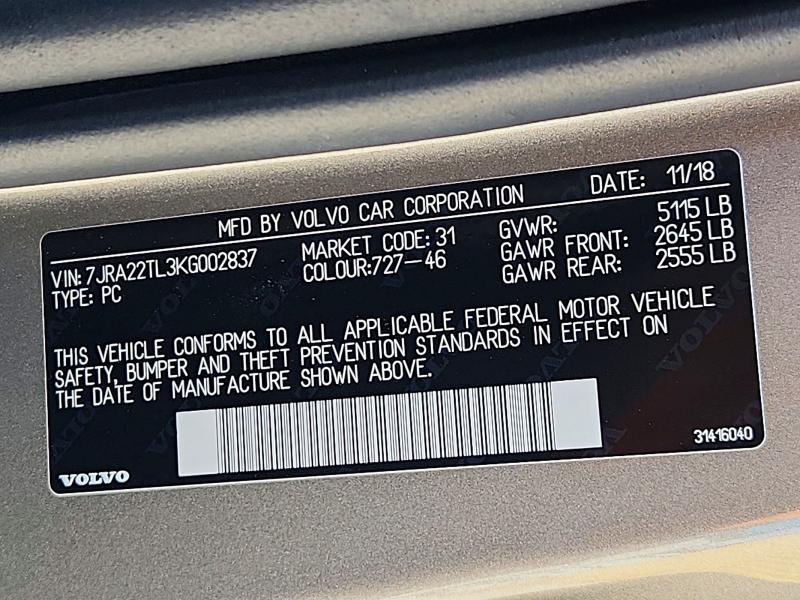 Aukcja sprzedaży 2019 Volvo S60, vin: 7JRA22TL3KG002837, numer aukcji: 69462036