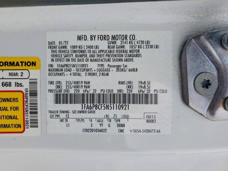 Продажа на аукционе авто 2022 Ford Mustang, vin: 1FA6P8CF5N5110921, номер лота: 63230236