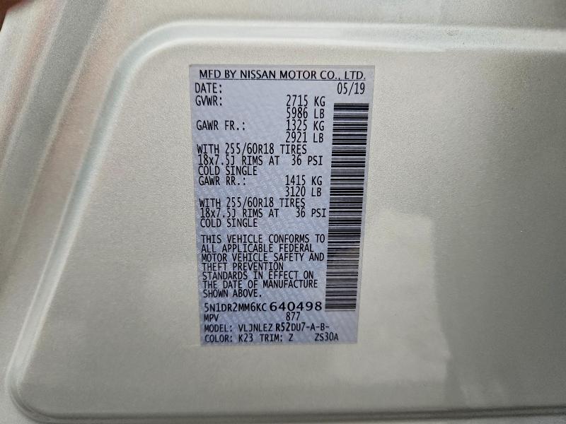 Продаж на аукціоні авто 2019 Nissan Pathfinder, vin: 5N1DR2MM6KC640498, номер лоту: 70475216
