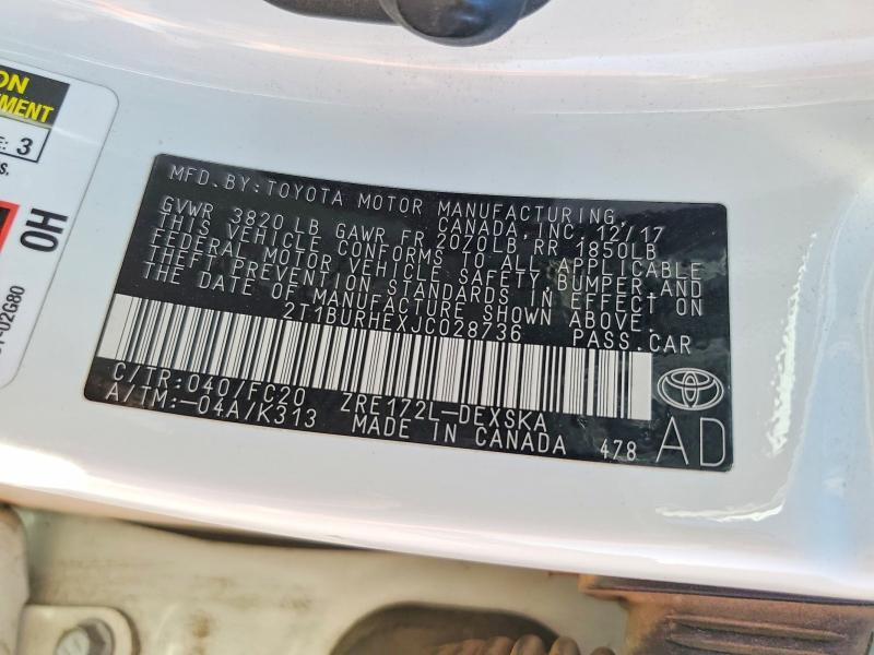 Aukcja sprzedaży 2018 Toyota Corolla, vin: 2T1BURHEXJC028736, numer aukcji: 70285876