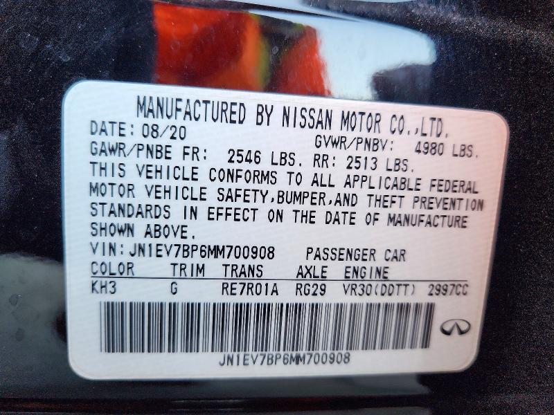 Aukcja sprzedaży 2021 Infiniti Q50, vin: JN1EV7BP6MM700908, numer aukcji: 68096486