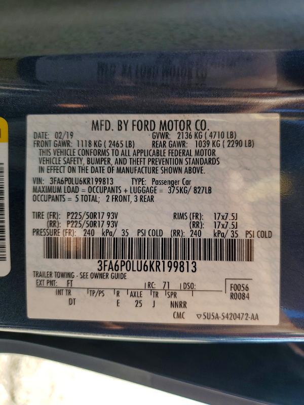2019 Ford Fusion მანქანა იყიდება აუქციონზე, vin: 3FA6P0LU6KR199813, აუქციონის ნომერი: 67954986