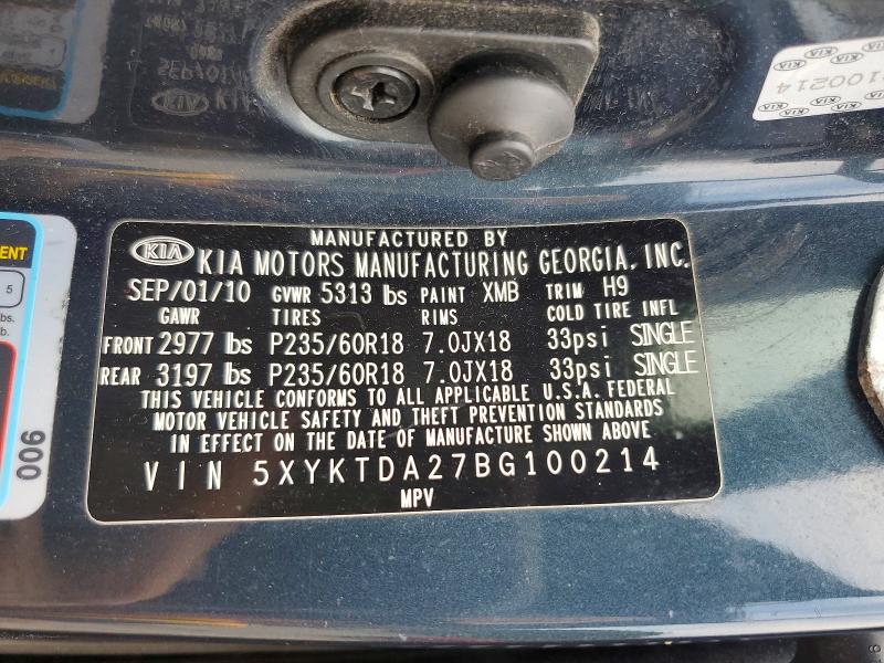 2011 Kia Sorento მანქანა იყიდება აუქციონზე, vin: 5XYKTDA27BG100214, აუქციონის ნომერი: 67891706