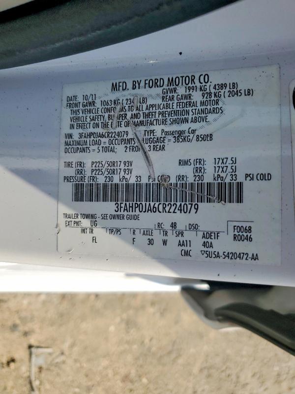 Aukcja sprzedaży 2012 Ford Fusion, vin: 3FAHP0JA6CR224079, numer aukcji: 67013626