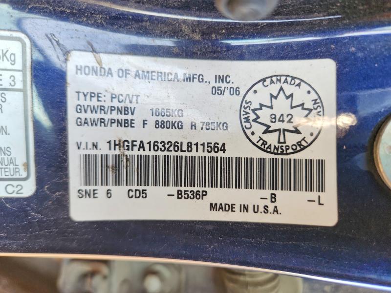 Продаж на аукціоні авто 2006 Honda Civic, vin: 1HGFA16326L811564, номер лоту: 67708646
