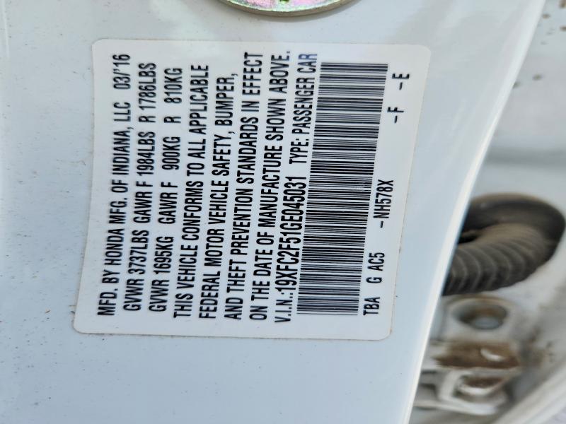 2016 Honda Civic მანქანა იყიდება აუქციონზე, vin: 19XFC2F51GE045031, აუქციონის ნომერი: 68165576