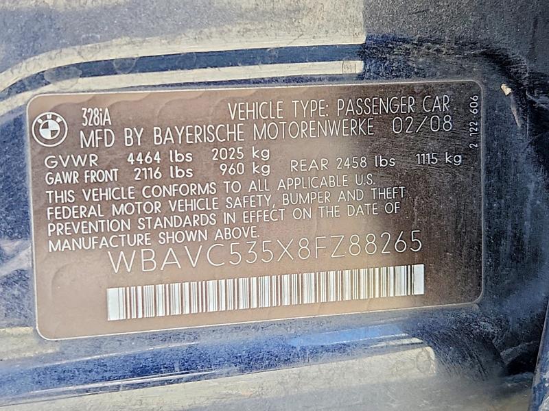 2008 Bmw 328 მანქანა იყიდება აუქციონზე, vin: WBAVC535X8FZ88265, აუქციონის ნომერი: 68382566
