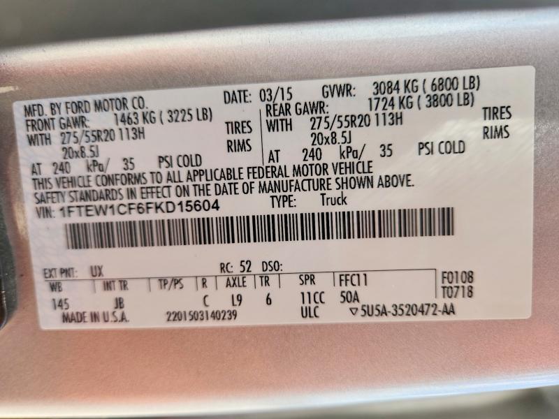 2015 Ford F150 მანქანა იყიდება აუქციონზე, vin: 1FTEW1CF6FKD15604, აუქციონის ნომერი: 71101786