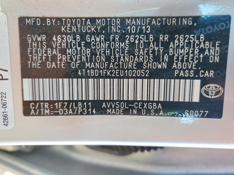 Продаж на аукціоні авто 2014 Toyota Camry Hybrid, vin: 4T1BD1FK2EU102052, номер лоту: 68106666