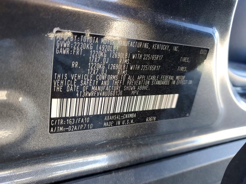 70350126 :رقم المزاد ، 4T3RWRFV4NU060136 vin ، 2022 Toyota Rav4 مزاد بيع