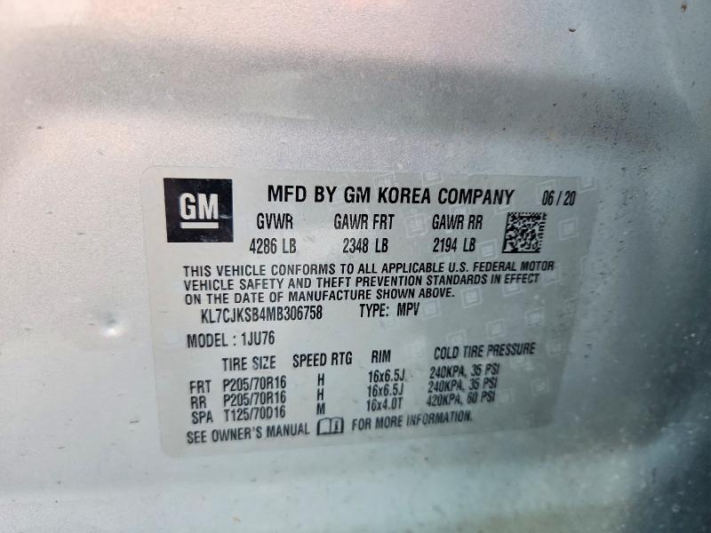 2021 Chevrolet Trax მანქანა იყიდება აუქციონზე, vin: KL7CJKSB4MB306758, აუქციონის ნომერი: 67278766