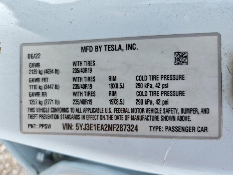68024076 :رقم المزاد ، 5YJ3E1EA2NF287324 vin ، 2022 Tesla Model 3 مزاد بيع
