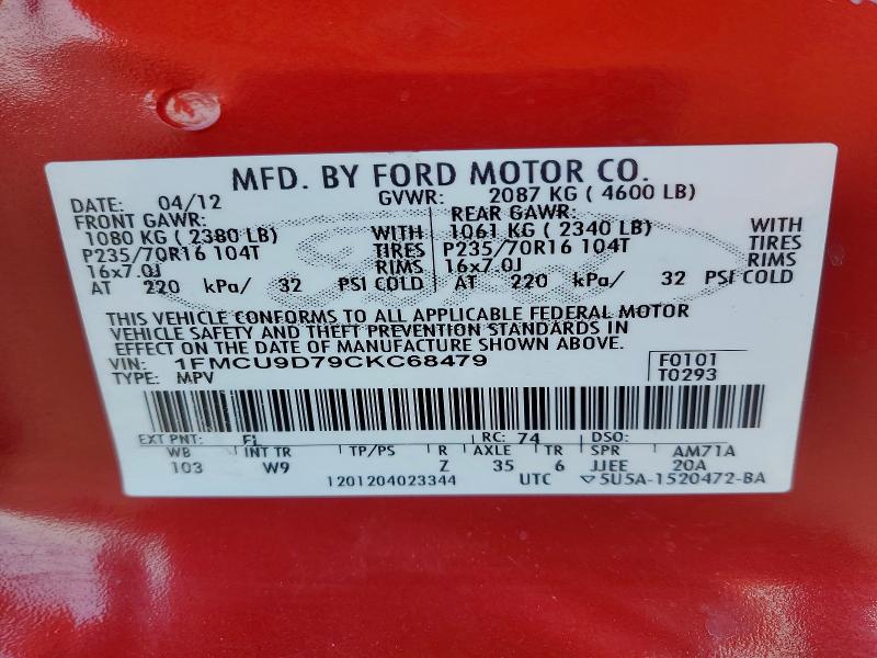 Продаж на аукціоні авто 2012 Ford Escape, vin: 1FMCU9D79CKC68479, номер лоту: 69228896