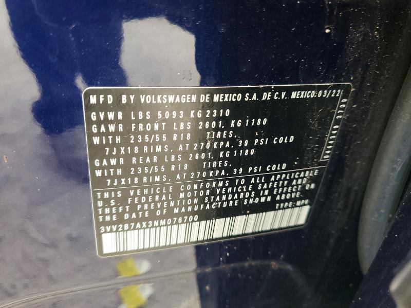 68150946 :رقم المزاد ، 3VV2B7AX3NM076700 vin ، 2022 Volkswagen Tiguan مزاد بيع