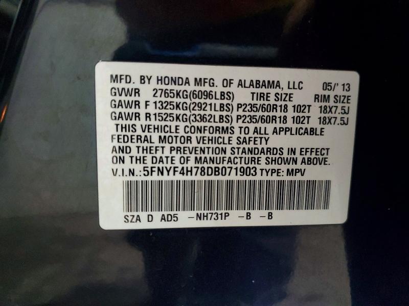 Продаж на аукціоні авто 2013 Honda Pilot, vin: 5FNYF4H78DB071903, номер лоту: 68801156