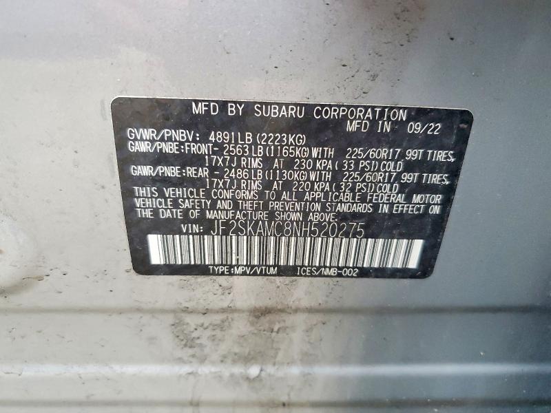 Продаж на аукціоні авто 2022 Subaru Forester, vin: JF2SKAMC8NH520275, номер лоту: 69186936