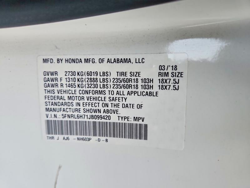 69583896 :رقم المزاد ، 5FNRL6H71JB099420 vin ، 2018 Honda Odyssey مزاد بيع