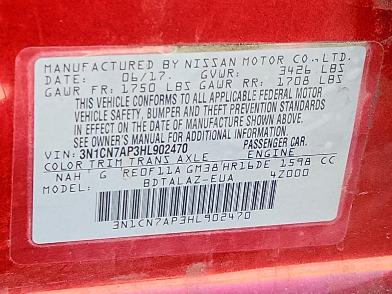 Aukcja sprzedaży 2017 Nissan Versa, vin: 3N1CN7AP3HL902470, numer aukcji: 70914906