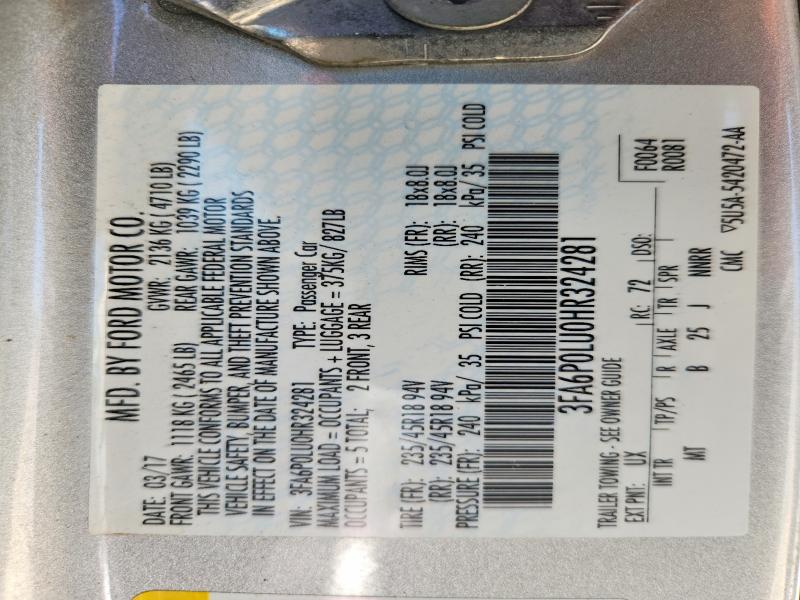 69568036 :رقم المزاد ، 3FA6P0LU0HR324281 vin ، 2017 Ford Fusion مزاد بيع