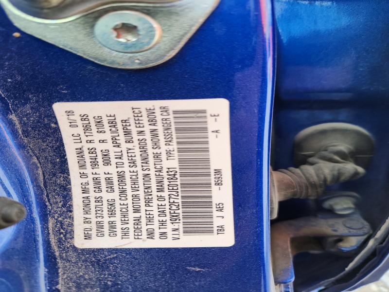 2018 Honda Civic მანქანა იყიდება აუქციონზე, vin: 19XFC2F72JE018431, აუქციონის ნომერი: 69192346