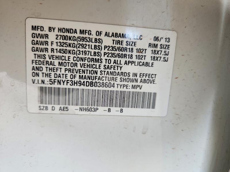Продаж на аукціоні авто 2013 Honda Pilot, vin: 5FNYF3H94DB038604, номер лоту: 68938256