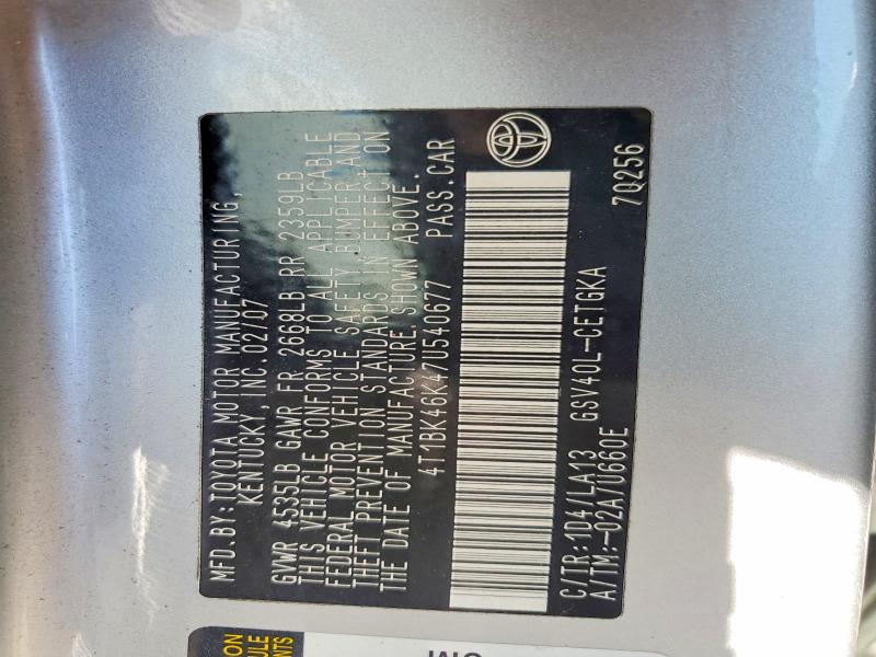 2007 Toyota Camry მანქანა იყიდება აუქციონზე, vin: 4T1BK46K47U540677, აუქციონის ნომერი: 66994596