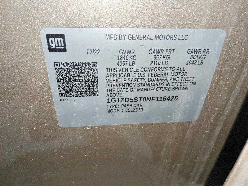68888466 :رقم المزاد ، 1G1ZD5ST0NF116425 vin ، 2022 Chevrolet Malibu مزاد بيع