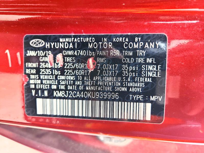 69080986 :رقم المزاد ، KM8J2CA40KU939996 vin ، 2019 Hyundai Tucson مزاد بيع
