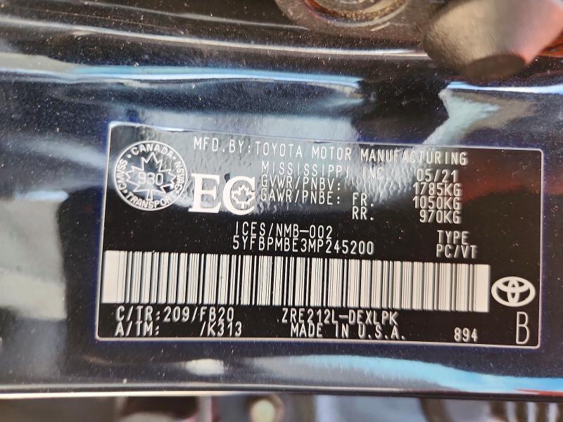 66289846 :رقم المزاد ، 5YFBPMBE3MP245200 vin ، 2021 Toyota Corolla مزاد بيع