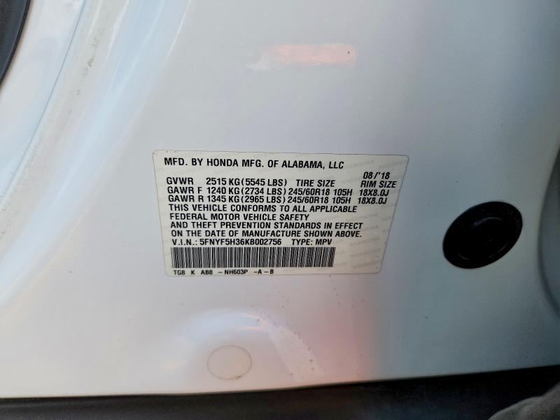 Aukcja sprzedaży 2019 Honda Pilot, vin: 5FNYF5H36KB002756, numer aukcji: 68969936