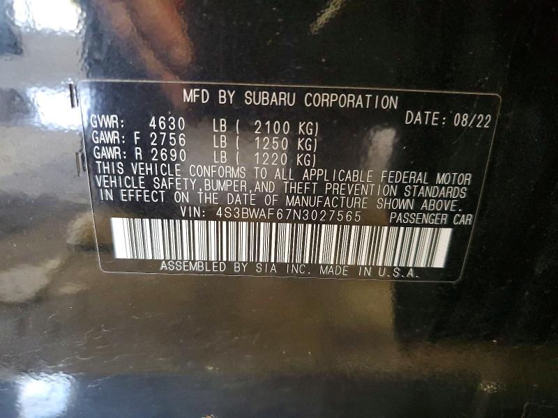 2022 Subaru Legacy მანქანა იყიდება აუქციონზე, vin: 4S3BWAF67N3027565, აუქციონის ნომერი: 67364496