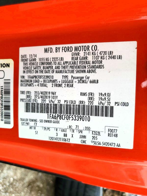 Aukcja sprzedaży 2015 Ford Mustang, vin: 1FA6P8CF0F5339010, numer aukcji: 68877276