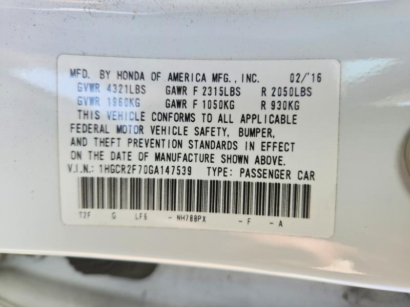 2016 Honda Accord მანქანა იყიდება აუქციონზე, vin: 1HGCR2F70GA147539, აუქციონის ნომერი: 69449686
