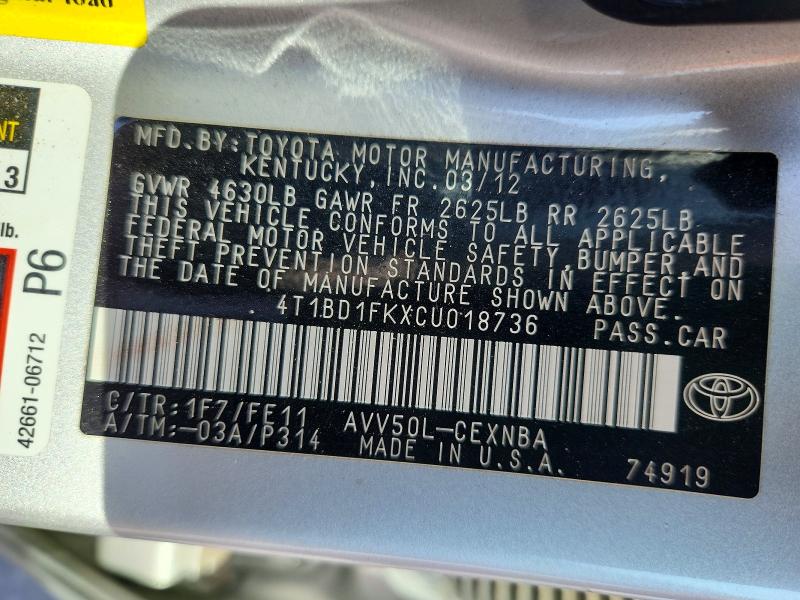 Aukcja sprzedaży 2012 Toyota Camry Hybrid, vin: 4T1BD1FKXCU018736, numer aukcji: 70625596
