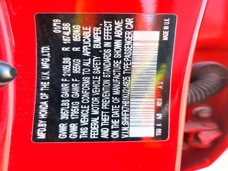2019 Honda Civic მანქანა იყიდება აუქციონზე, vin: SHHFK7H61KU214925, აუქციონის ნომერი: 70821776
