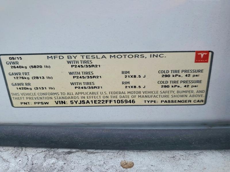 2015 Tesla Model S მანქანა იყიდება აუქციონზე, vin: 5YJSA1E22FF105946, აუქციონის ნომერი: 69131906