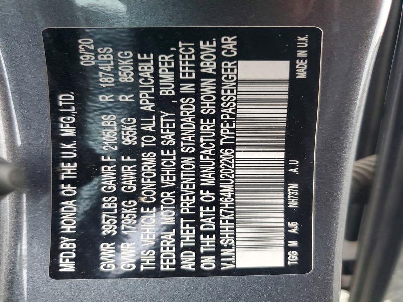 Продаж на аукціоні авто 2021 Honda Civic, vin: SHHFK7H64MU202206, номер лоту: 68181576